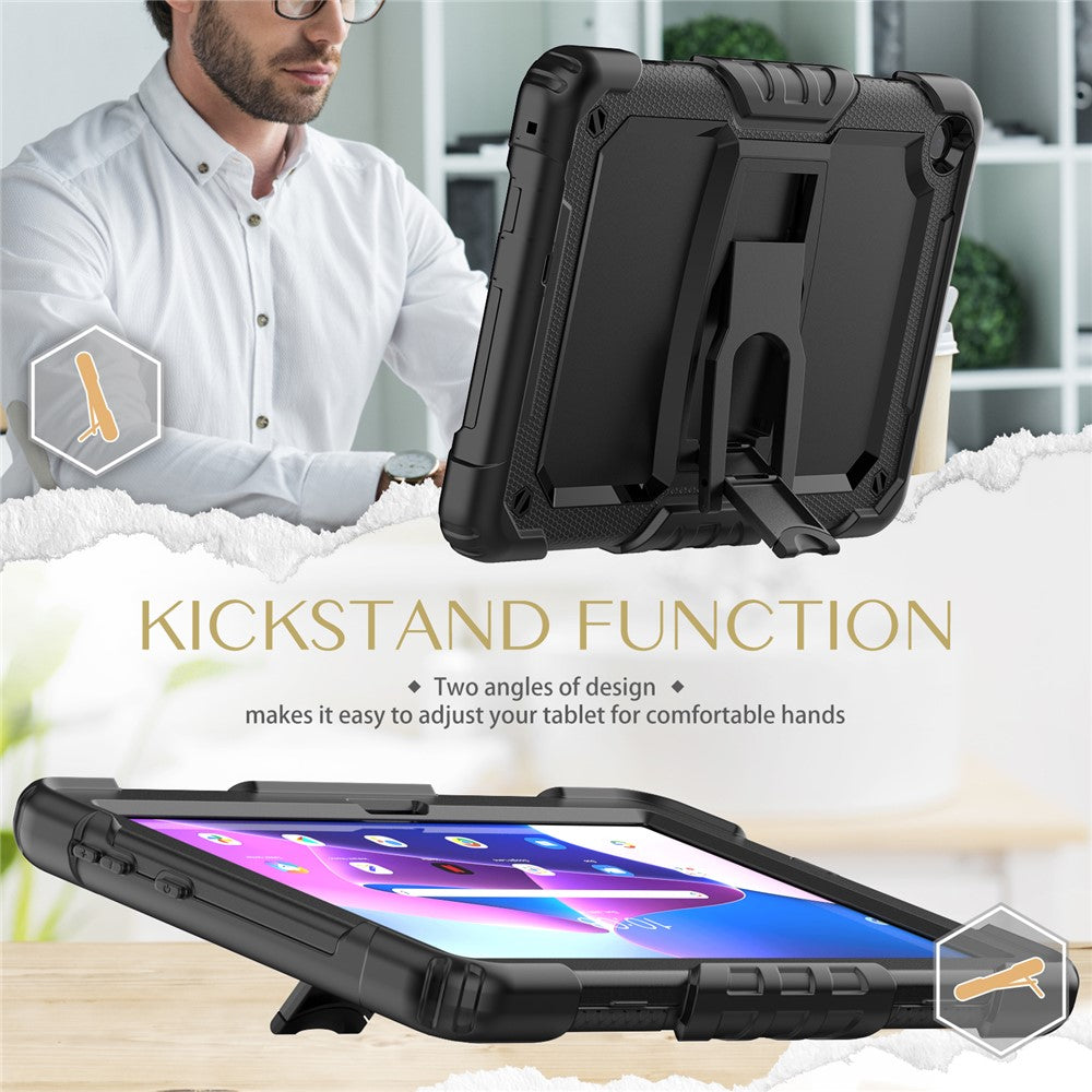 For Lenovo Tab M10 (Gen 3) TB-328F Anti-Scratch Silicone+PC Tablet Case Kickstand Cover with Strap - Black