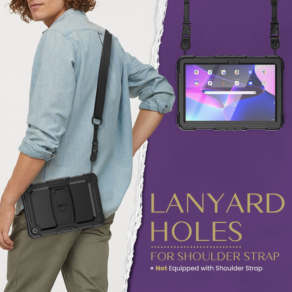 For Lenovo Tab M10 (Gen 3) TB-328F Anti-Scratch Silicone+PC Tablet Case Kickstand Cover with Strap - Black