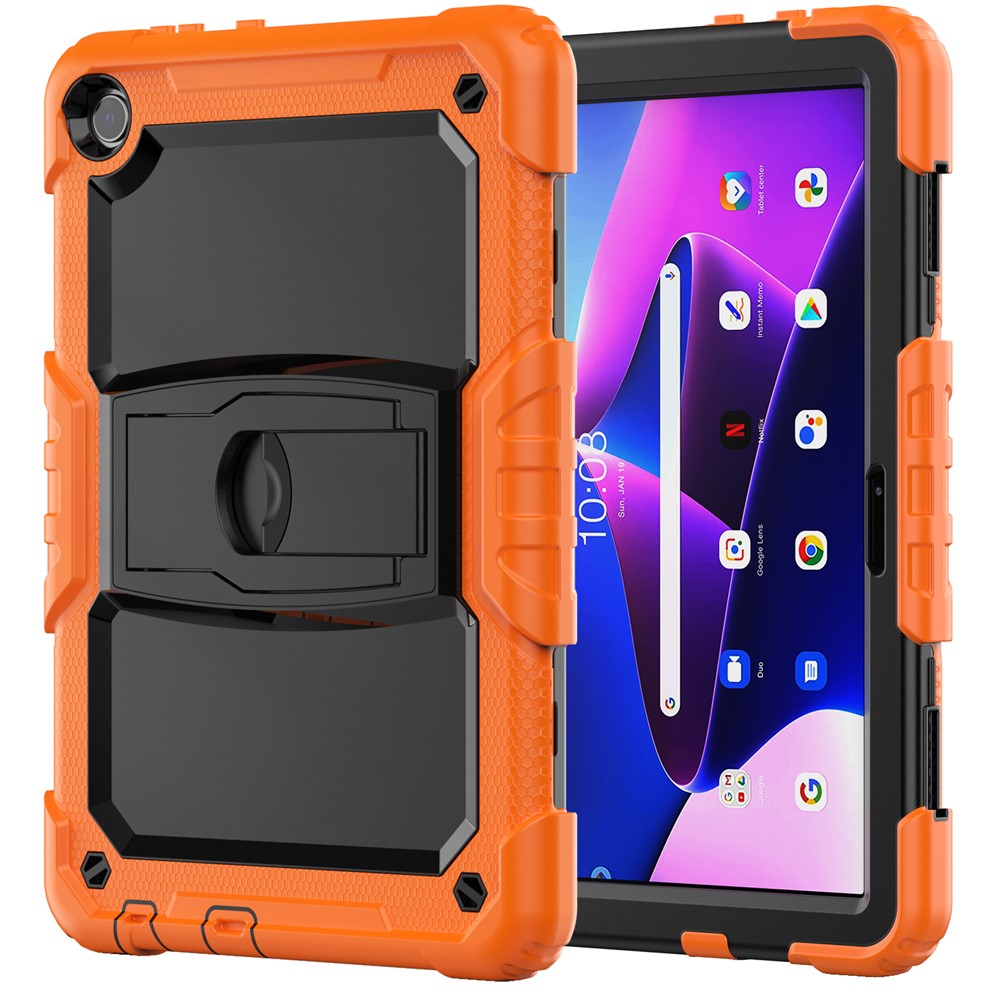 For Lenovo Tab M10 (Gen 3) TB-328F Anti-Scratch Silicone+PC Tablet Case Kickstand Cover with Strap - Orange