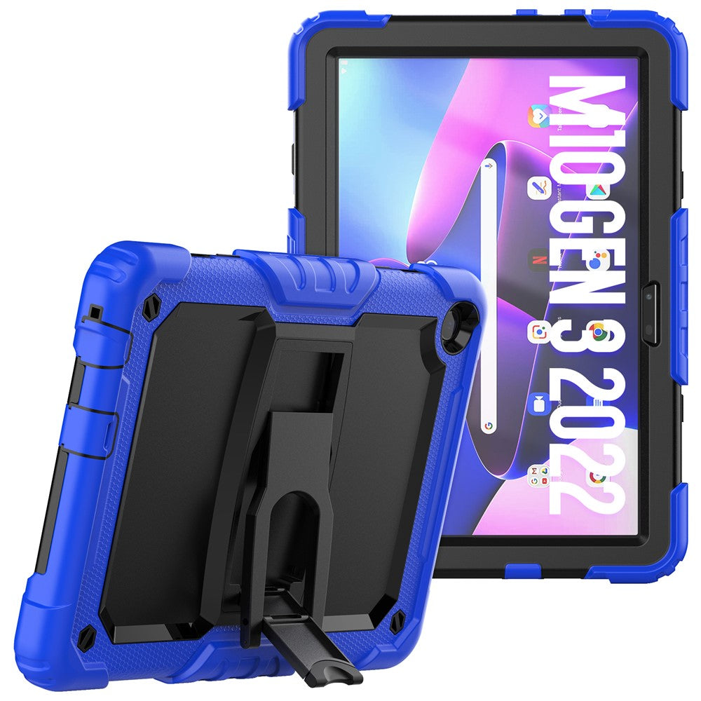 For Lenovo Tab M10 (Gen 3) TB-328F Anti-Scratch Silicone+PC Tablet Case Kickstand Cover with Strap - Blue