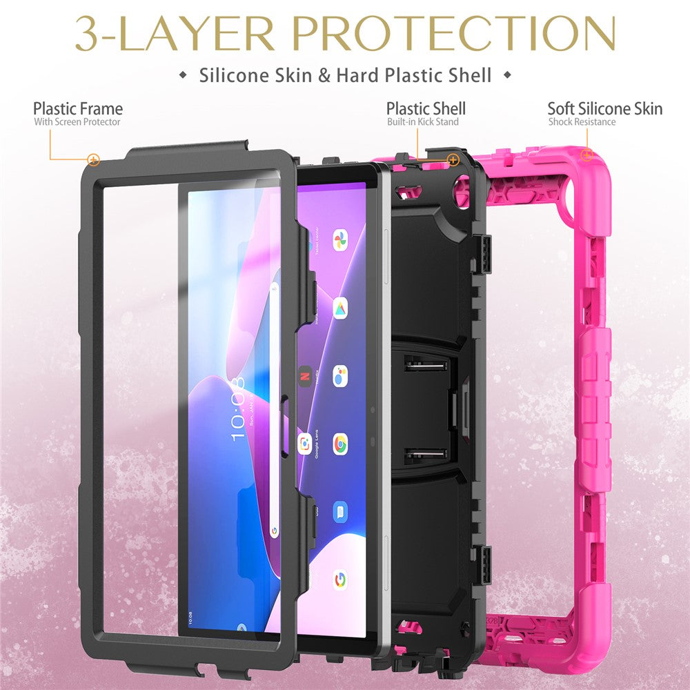 For Lenovo Tab M10 (Gen 3) TB-328F Anti-Scratch Silicone+PC Tablet Case Kickstand Cover with Strap - Rose
