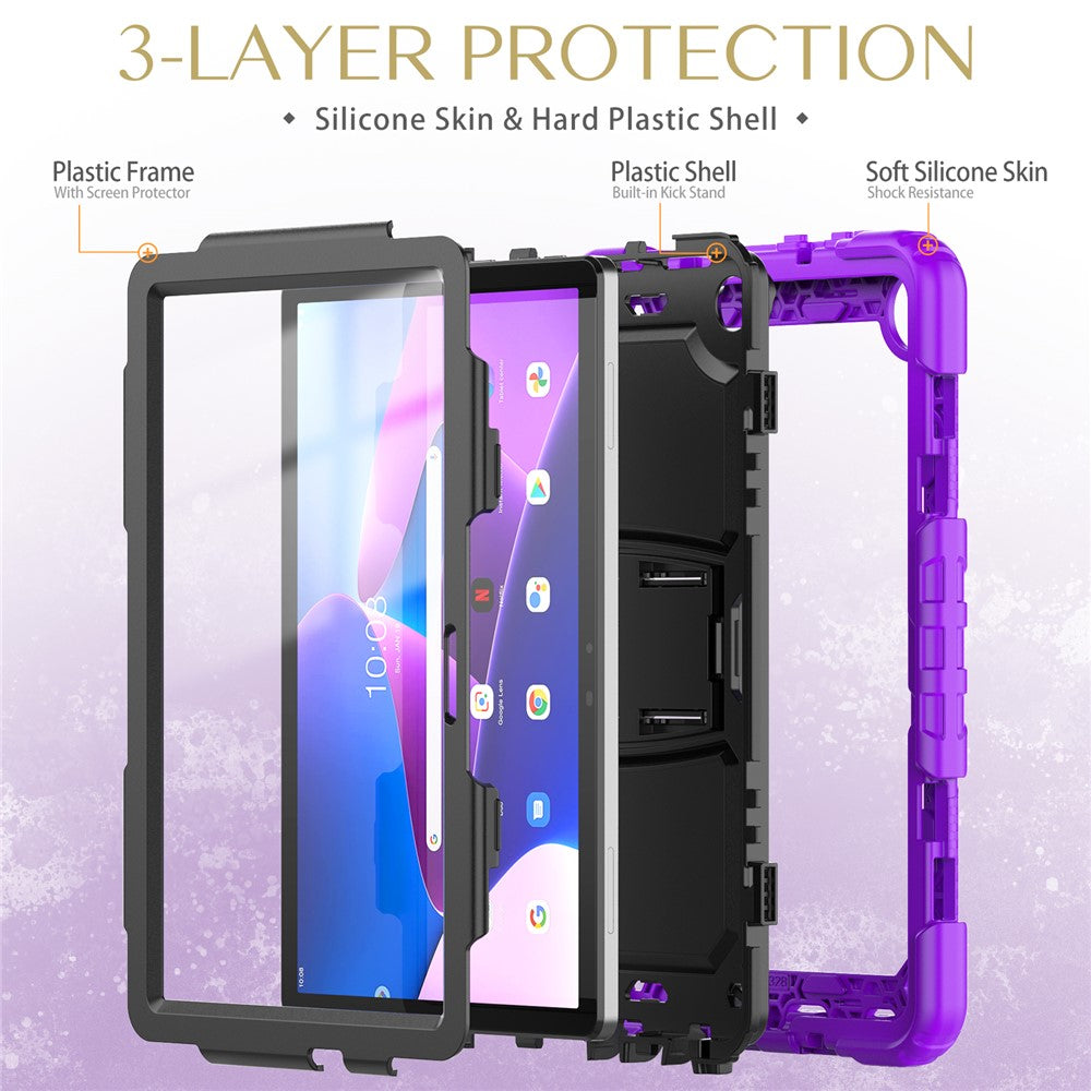 For Lenovo Tab M10 (Gen 3) TB-328F Anti-Scratch Silicone+PC Tablet Case Kickstand Cover with Strap - Purple