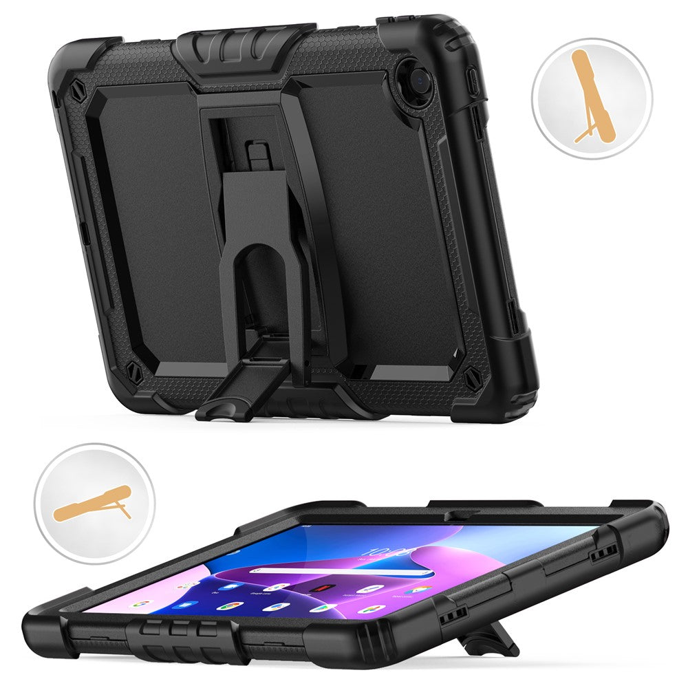 For Lenovo Tab M10 Plus (3rd Gen) 125FU / 128FU / Xiaoxin Pad 2022 10.6 inch Silicone+PC Tablet Cover Kickstand Case with Strap - Black