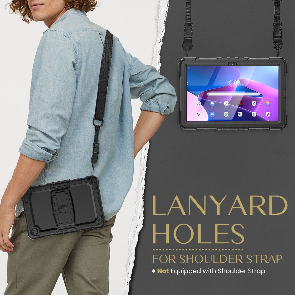 For Lenovo Tab M10 Plus (3rd Gen) 125FU / 128FU / Xiaoxin Pad 2022 10.6 inch Silicone+PC Tablet Cover Kickstand Case with Strap - Black