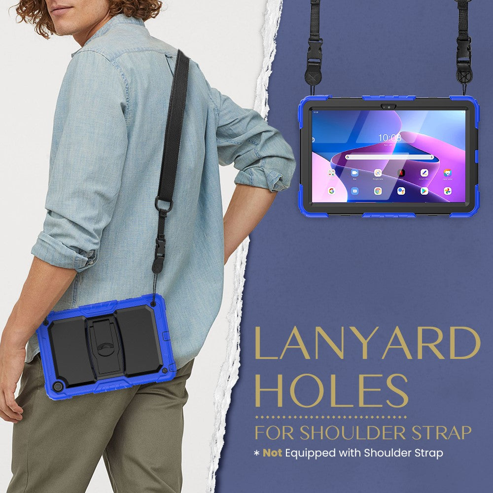 For Lenovo Tab M10 Plus (3rd Gen) 125FU / 128FU / Xiaoxin Pad 2022 10.6 inch Silicone+PC Tablet Cover Kickstand Case with Strap - Dark Blue