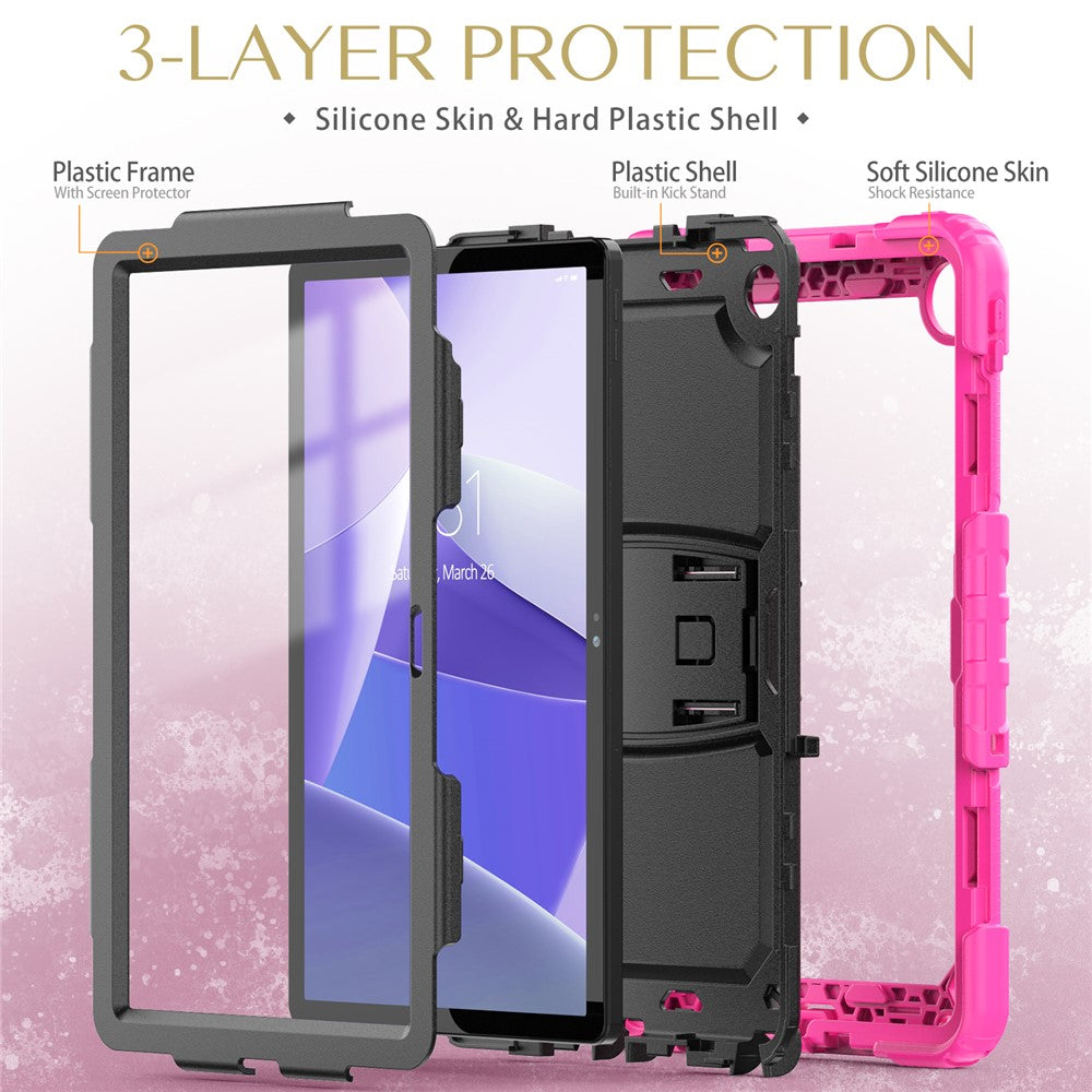 For Lenovo Tab M10 Plus (3rd Gen) 125FU / 128FU / Xiaoxin Pad 2022 10.6 inch Silicone+PC Tablet Cover Kickstand Case with Strap - Rose