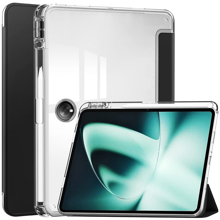 For OnePlus Pad Auto Sleep / Wake Case PU Leather + TPU + Acrylic Stand Transparent Tablet Cover with Pen Slot - Black