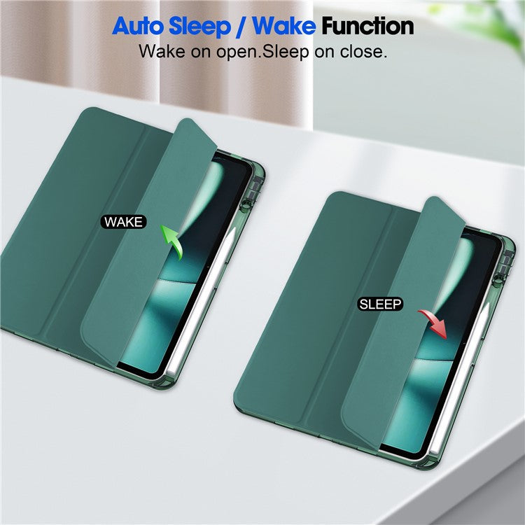 For OnePlus Pad Auto Sleep / Wake Case PU Leather + TPU + Acrylic Stand Transparent Tablet Cover with Pen Slot - Blackish Green