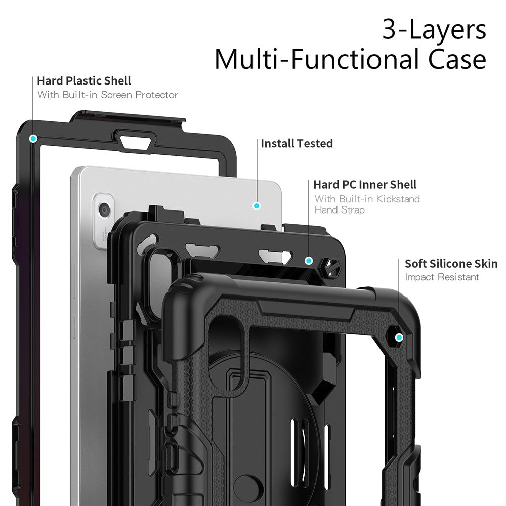 Kickstand Tablet Case for Lenovo Tab M9 / K9 9" TB310 2023 Hand Strap Silicone+PC Tablet Cover with Shoulder Strap PET Screen Film - Black