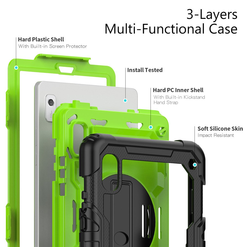 Kickstand Tablet Case for Lenovo Tab M9 / K9 9" TB310 2023 Hand Strap Silicone+PC Tablet Cover with Shoulder Strap PET Screen Film - Black+Lime PC