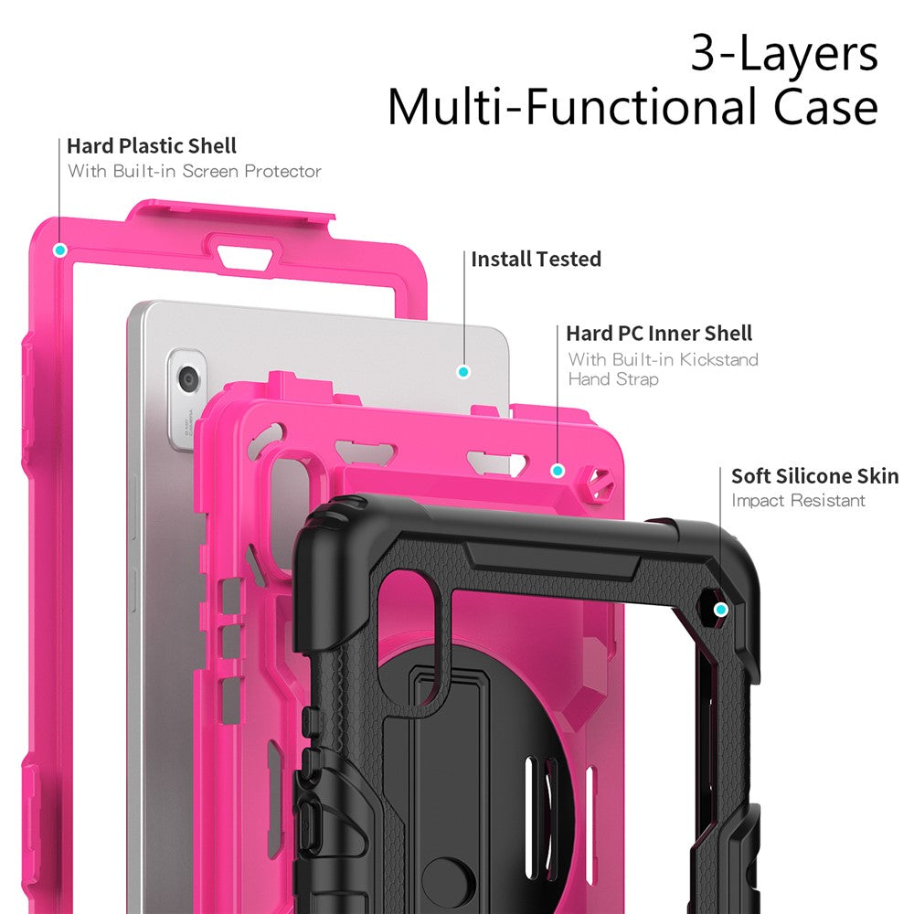 Kickstand Tablet Case for Lenovo Tab M9 / K9 9" TB310 2023 Hand Strap Silicone+PC Tablet Cover with Shoulder Strap PET Screen Film - Black+Rose PC