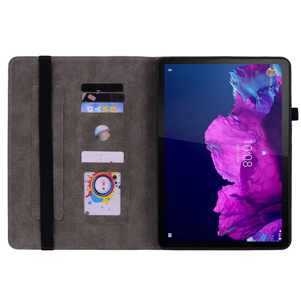 For Lenovo Tab P11 TB-J606F Anti-scratch Imprinted PU Leather Case Stand Tablet Cover with Pen Holder - Blue