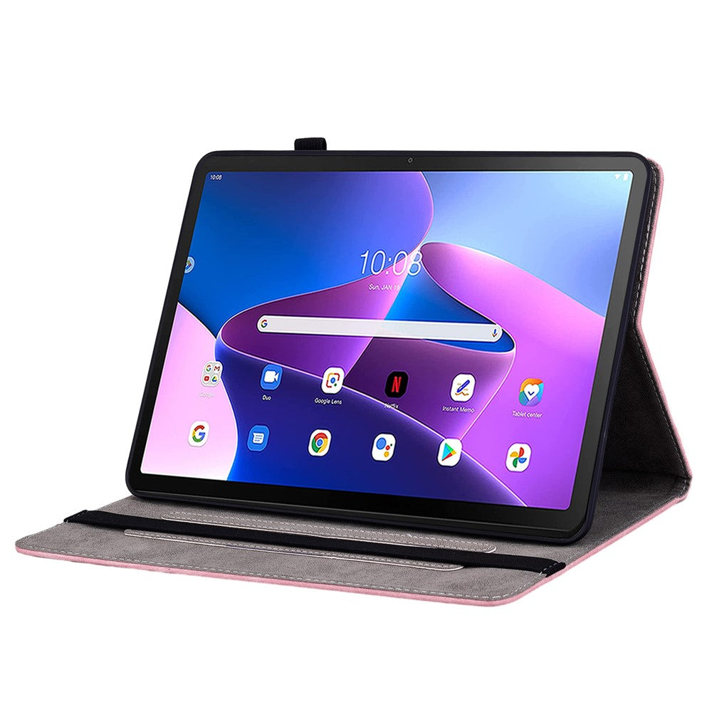 For Lenovo Tab M10 (Gen 3) Shockproof PU Leather Case Imprinted Design Stand Tablet Cover with Pen Holder - Pink