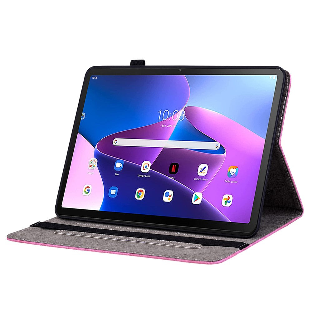 For Lenovo Tab M10 (Gen 3) Shockproof PU Leather Case Imprinted Design Stand Tablet Cover with Pen Holder - Rose