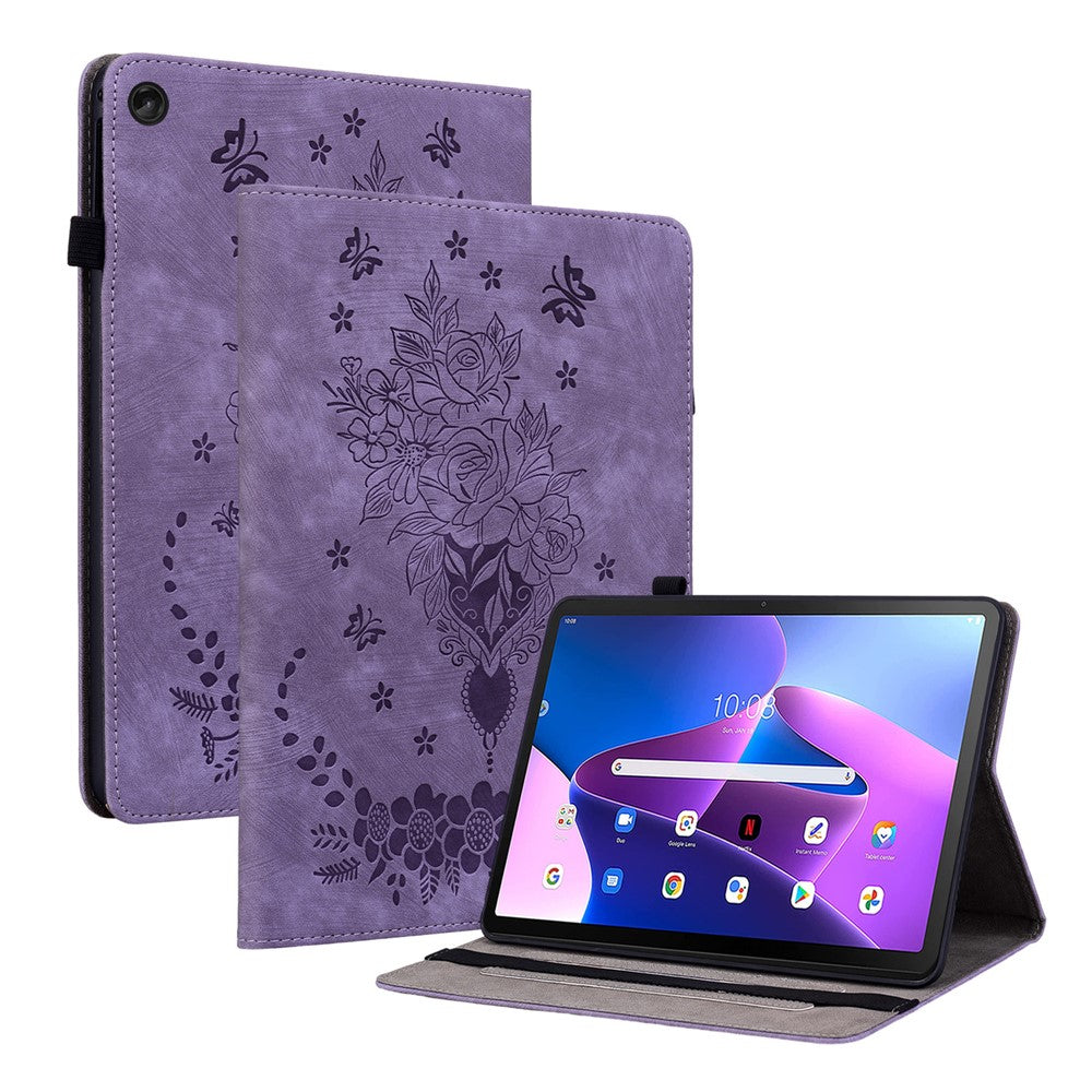 For Lenovo Tab M10 (Gen 3) Shockproof PU Leather Case Imprinted Design Stand Tablet Cover with Pen Holder - Purple