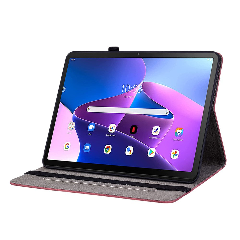 For Lenovo Tab M10 (Gen 3) Shockproof PU Leather Case Imprinted Design Stand Tablet Cover with Pen Holder - Red