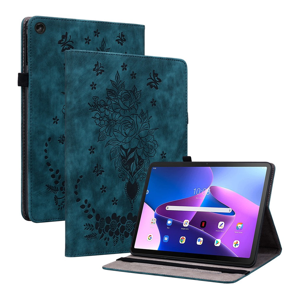 For Lenovo Tab M10 (Gen 3) Shockproof PU Leather Case Imprinted Design Stand Tablet Cover with Pen Holder - Blue