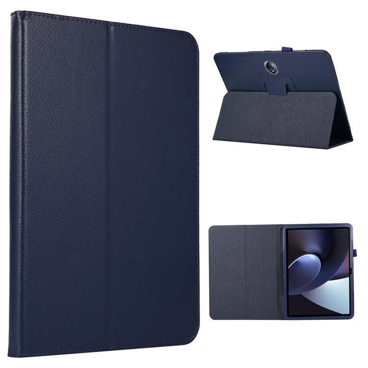 For OnePlus Pad PU Leather Tablet Case Litchi Texture Bi-fold Stand Tablet Cover - Dark Blue