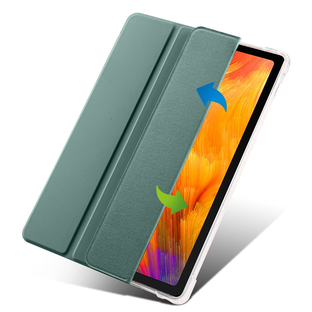 For Lenovo Tab M10 Plus (3rd Gen) Tri-Fold Stand Tablet Case Transparent Back PU Leather Flip Cover with Pencil Holder - Midnight Green