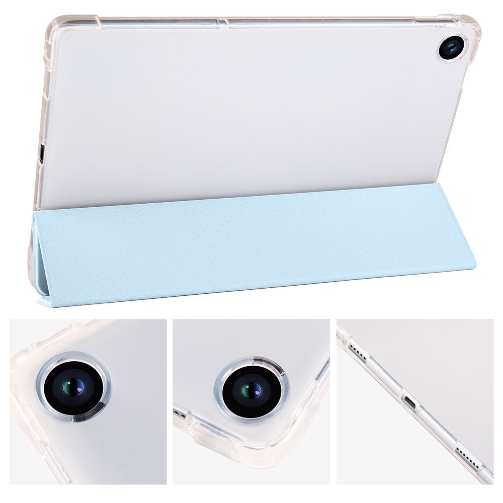 For Lenovo Tab M10 Plus (3rd Gen) Tri-Fold Stand Tablet Case Transparent Back PU Leather Flip Cover with Pencil Holder - Baby Blue