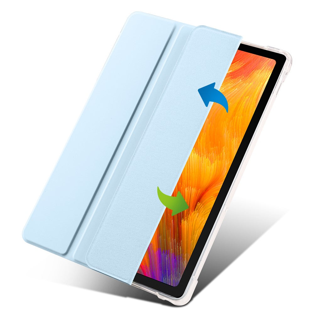 For Lenovo Tab M10 Plus (3rd Gen) Tri-Fold Stand Tablet Case Transparent Back PU Leather Flip Cover with Pencil Holder - Baby Blue