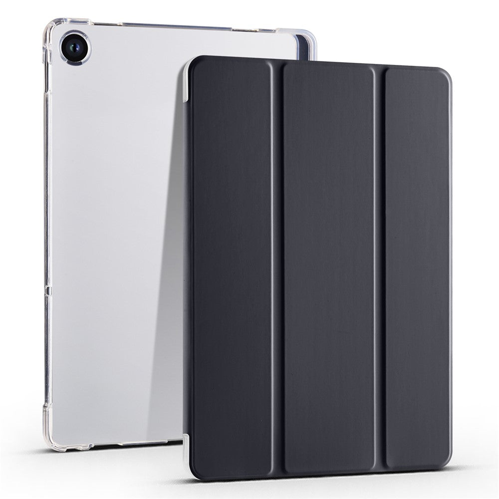 For Lenovo Tab M10 Plus (3rd Gen) Tri-Fold Stand Tablet Case Transparent Back PU Leather Flip Cover with Pencil Holder - Black