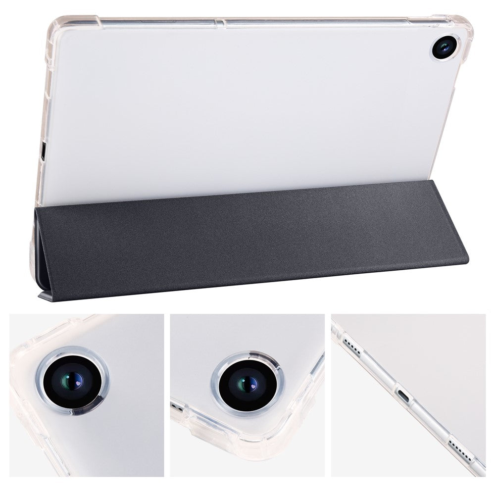 For Lenovo Tab M10 Plus (3rd Gen) Tri-Fold Stand Tablet Case Transparent Back PU Leather Flip Cover with Pencil Holder - Black