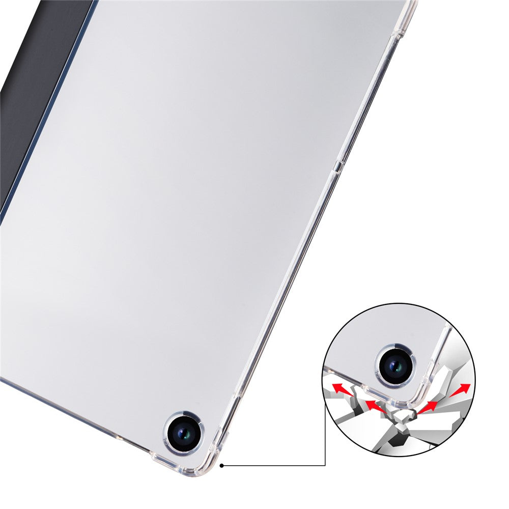 For Lenovo Tab M10 Plus (3rd Gen) Tri-Fold Stand Tablet Case Transparent Back PU Leather Flip Cover with Pencil Holder - Black