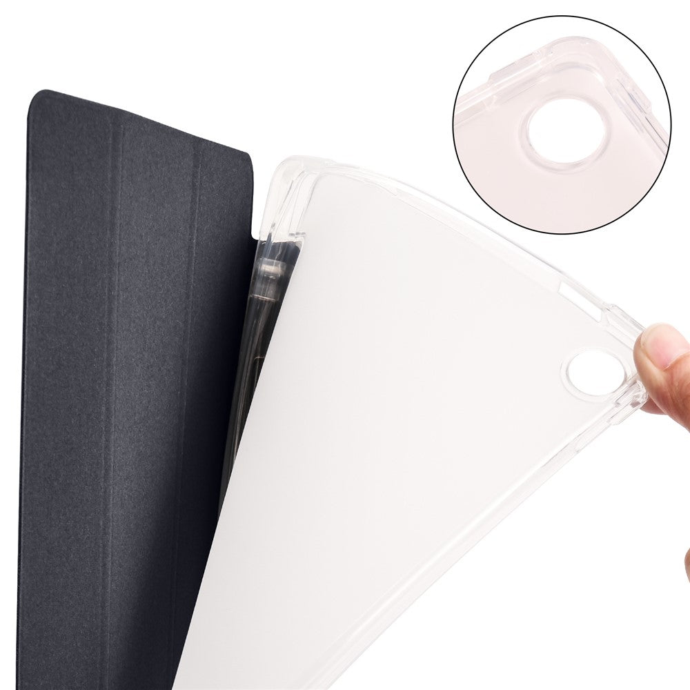 For Lenovo Tab M10 Plus (3rd Gen) Tri-Fold Stand Tablet Case Transparent Back PU Leather Flip Cover with Pencil Holder - Black