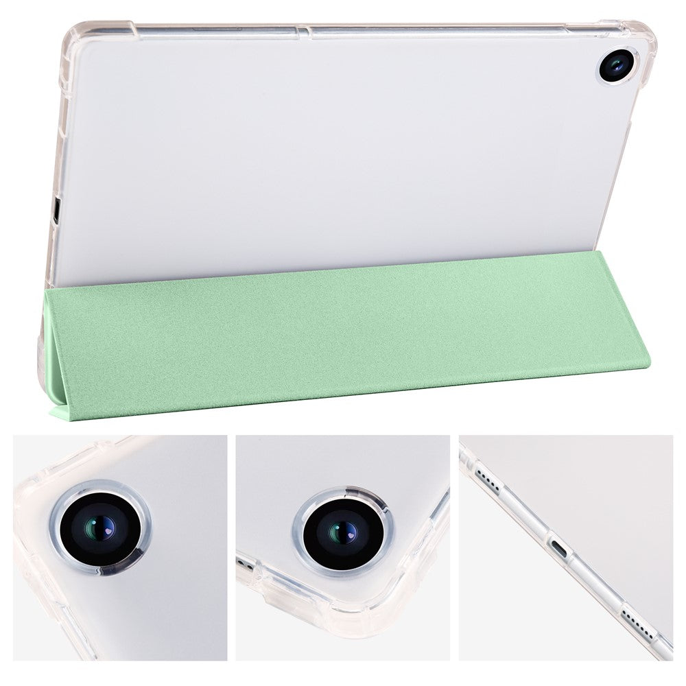 For Lenovo Tab M10 Plus (3rd Gen) Tri-Fold Stand Tablet Case Transparent Back PU Leather Flip Cover with Pencil Holder - Matcha Green