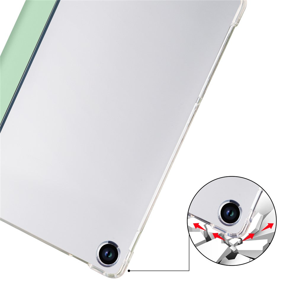 For Lenovo Tab M10 Plus (3rd Gen) Tri-Fold Stand Tablet Case Transparent Back PU Leather Flip Cover with Pencil Holder - Matcha Green