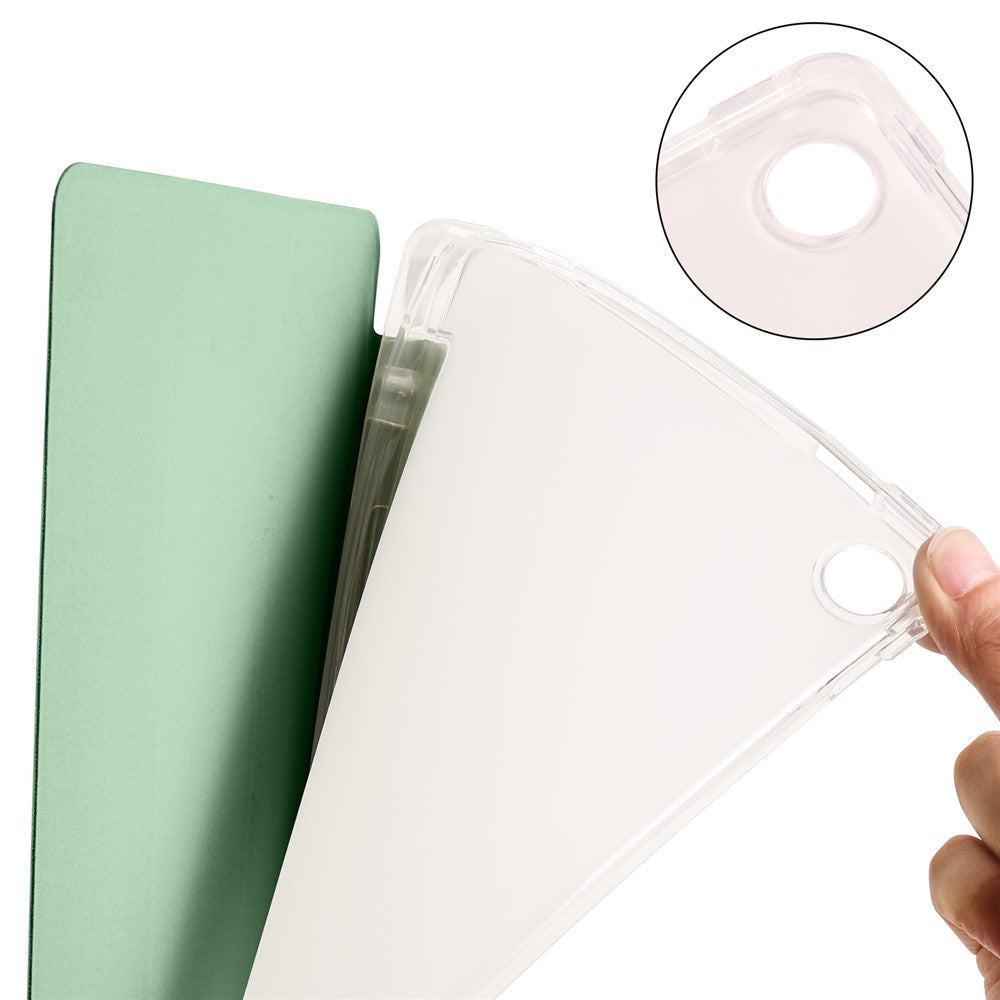 For Lenovo Tab M10 Plus (3rd Gen) Tri-Fold Stand Tablet Case Transparent Back PU Leather Flip Cover with Pencil Holder - Matcha Green