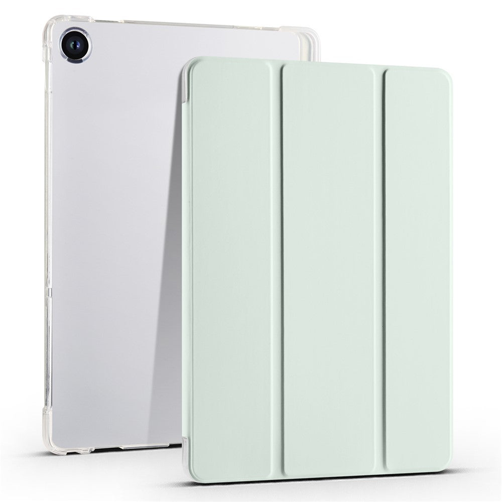 For Lenovo Tab M10 Plus (3rd Gen) Tri-Fold Stand Tablet Case Transparent Back PU Leather Flip Cover with Pencil Holder - Light Green