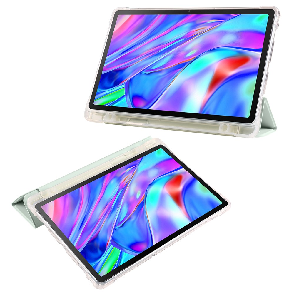 For Lenovo Tab M10 Plus (3rd Gen) Tri-Fold Stand Tablet Case Transparent Back PU Leather Flip Cover with Pencil Holder - Light Green