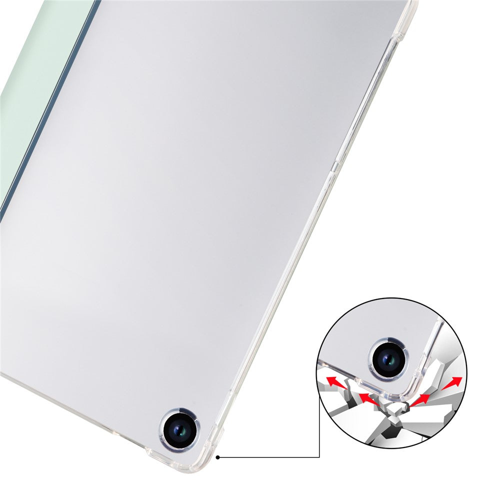 For Lenovo Tab M10 Plus (3rd Gen) Tri-Fold Stand Tablet Case Transparent Back PU Leather Flip Cover with Pencil Holder - Light Green