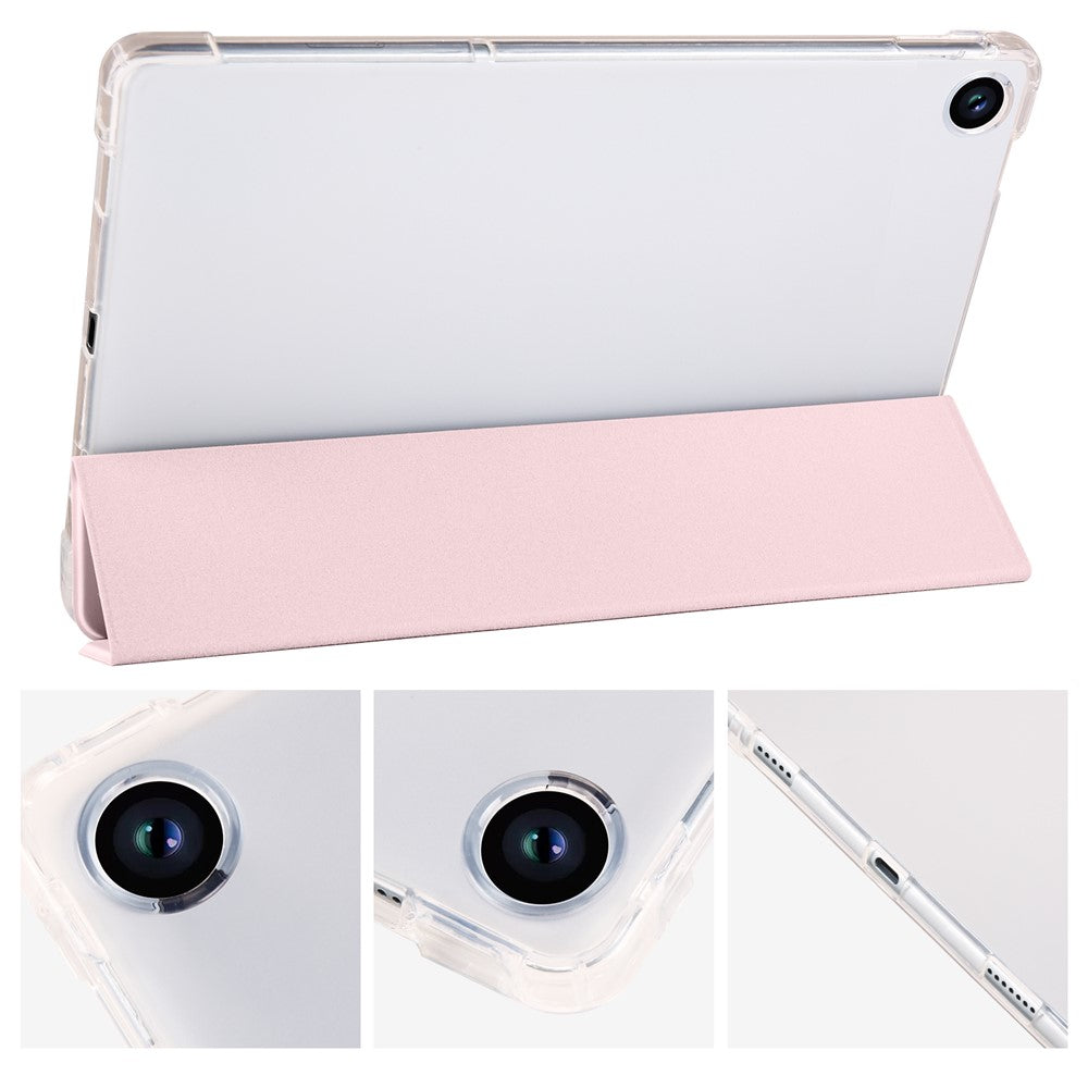 For Lenovo Tab M10 Plus (3rd Gen) Tri-Fold Stand Tablet Case Transparent Back PU Leather Flip Cover with Pencil Holder - Pink