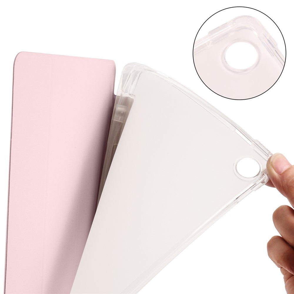 For Lenovo Tab M10 Plus (3rd Gen) Tri-Fold Stand Tablet Case Transparent Back PU Leather Flip Cover with Pencil Holder - Pink
