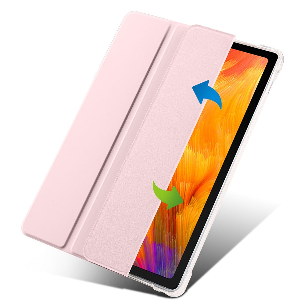 For Lenovo Tab M10 Plus (3rd Gen) Tri-Fold Stand Tablet Case Transparent Back PU Leather Flip Cover with Pencil Holder - Pink