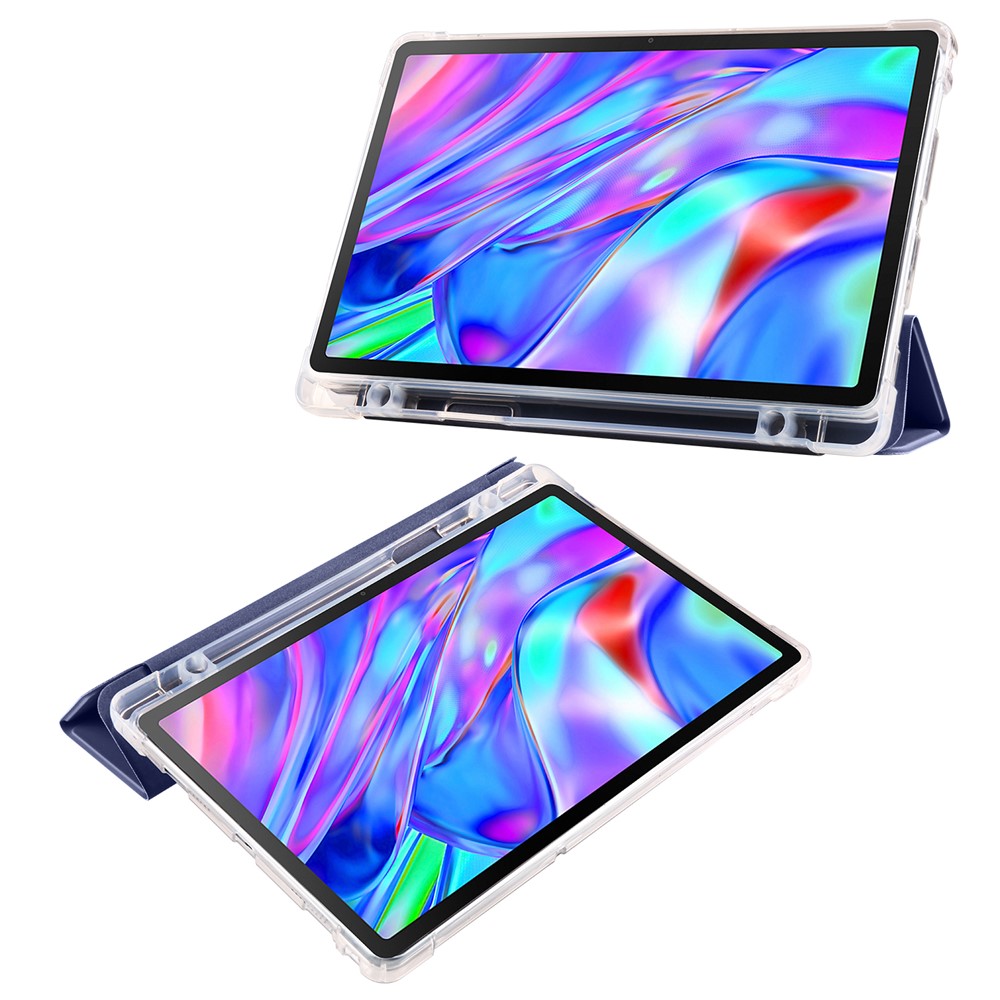 For Lenovo Tab M10 Plus (3rd Gen) Tri-Fold Stand Tablet Case Transparent Back PU Leather Flip Cover with Pencil Holder - Dark Blue