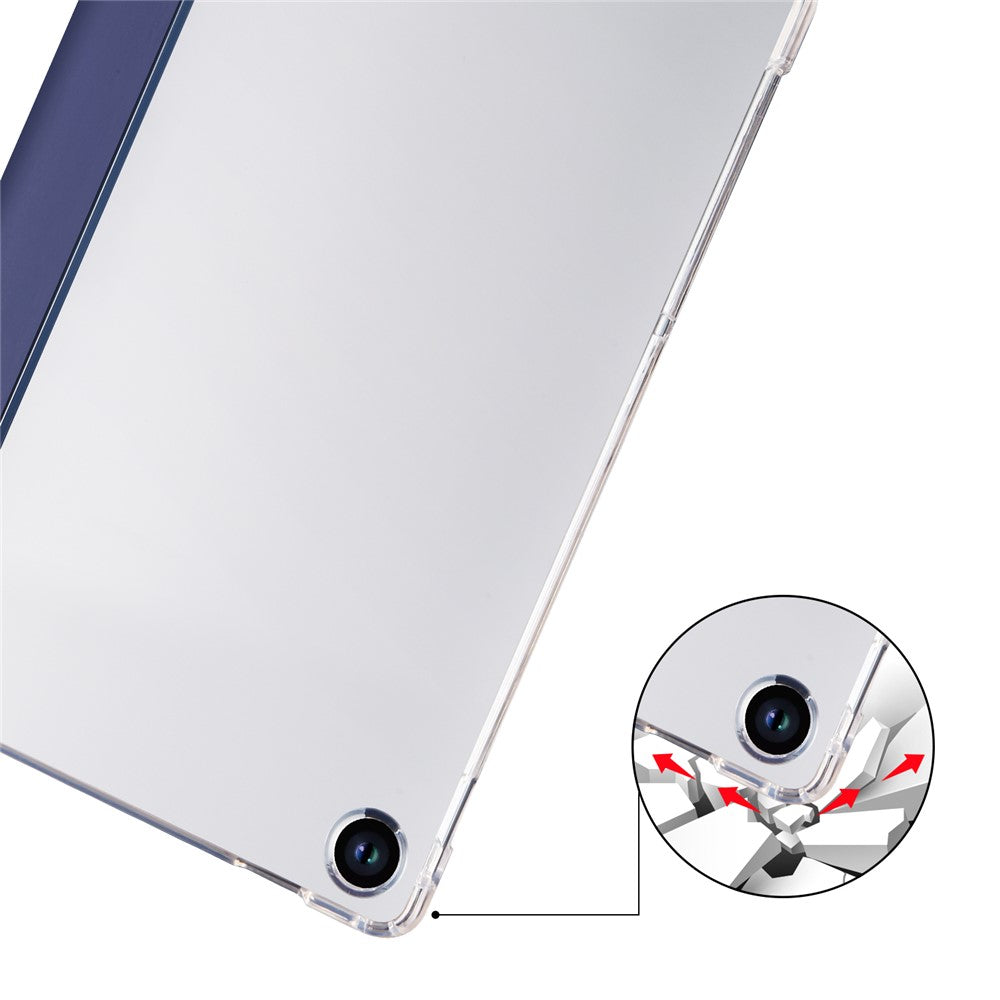 For Lenovo Tab M10 Plus (3rd Gen) Tri-Fold Stand Tablet Case Transparent Back PU Leather Flip Cover with Pencil Holder - Dark Blue