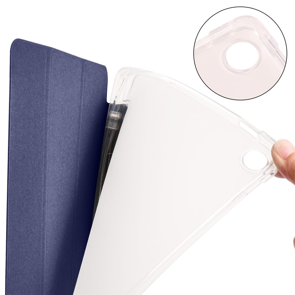For Lenovo Tab M10 Plus (3rd Gen) Tri-Fold Stand Tablet Case Transparent Back PU Leather Flip Cover with Pencil Holder - Dark Blue