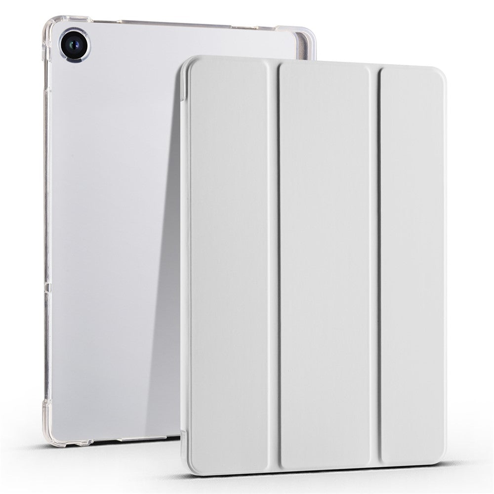 For Lenovo Tab M10 Plus (3rd Gen) Tri-Fold Stand Tablet Case Transparent Back PU Leather Flip Cover with Pencil Holder - Grey