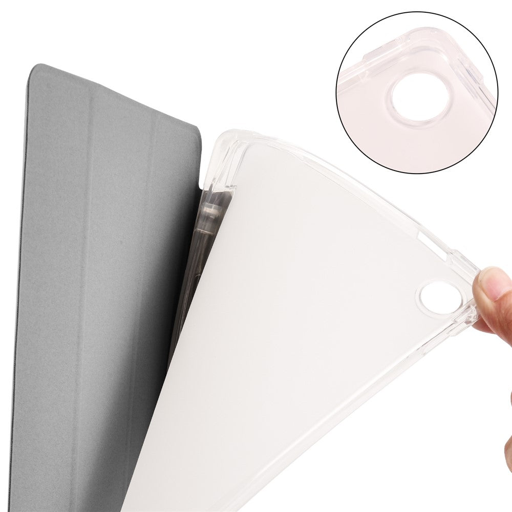 For Lenovo Tab M10 Plus (3rd Gen) Tri-Fold Stand Tablet Case Transparent Back PU Leather Flip Cover with Pencil Holder - Grey
