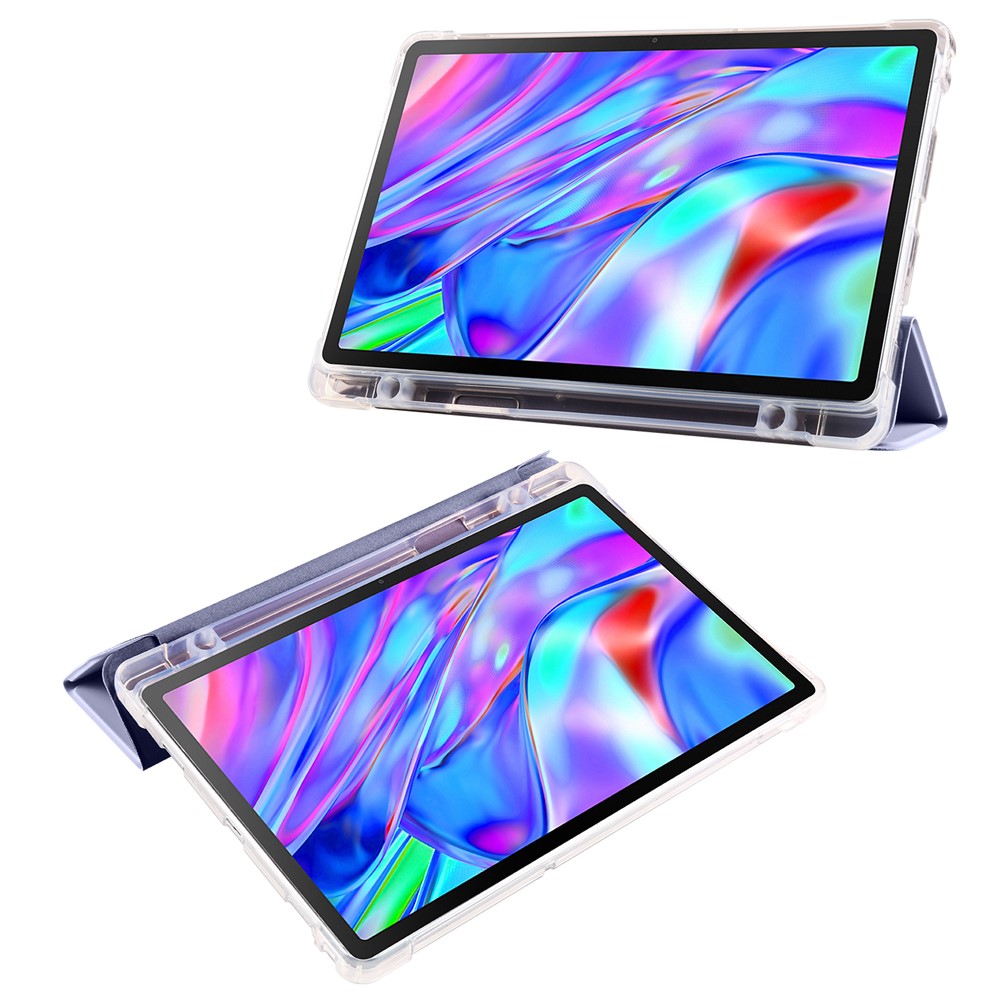 For Lenovo Tab M10 Plus (3rd Gen) Tri-Fold Stand Tablet Case Transparent Back PU Leather Flip Cover with Pencil Holder - Purple