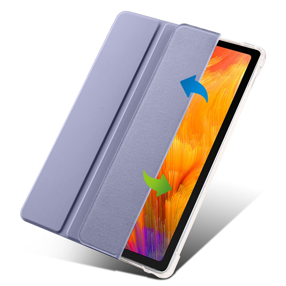 For Lenovo Tab M10 Plus (3rd Gen) Tri-Fold Stand Tablet Case Transparent Back PU Leather Flip Cover with Pencil Holder - Purple