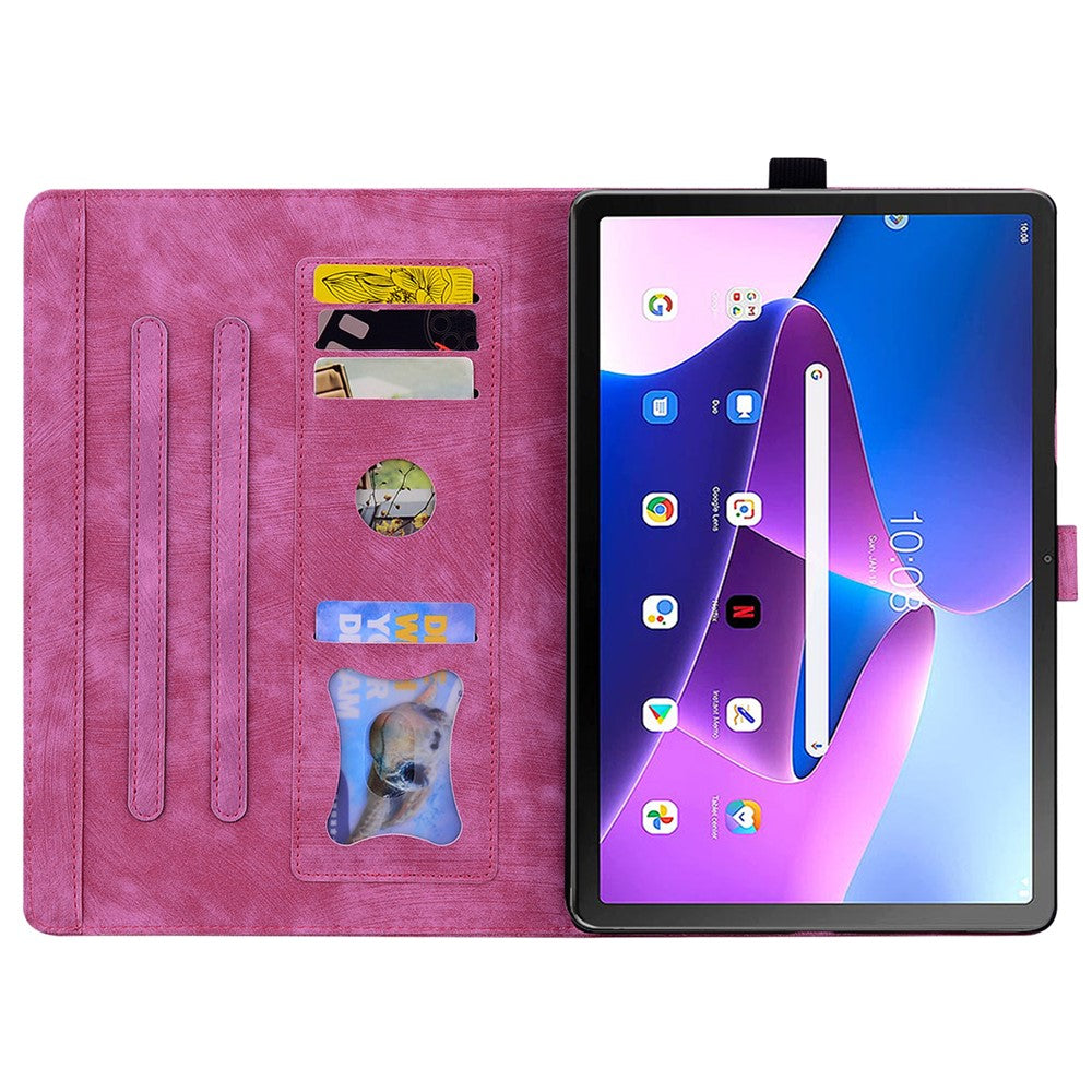For Lenovo Tab M10 (Gen 3) TB-328XU / TB-328FU PU Leather Stand Tablet Case Imprinted Flower Cat Card Holder Cover - Rose
