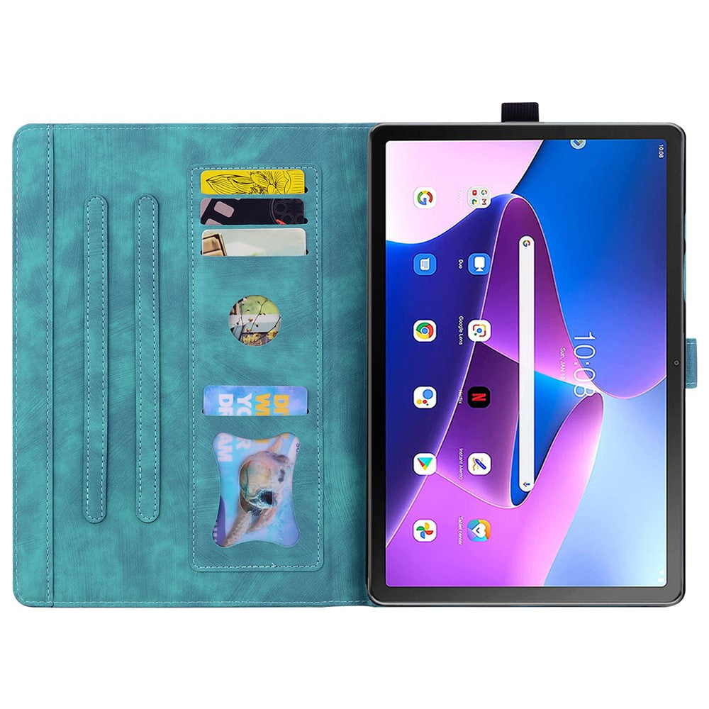 For Lenovo Tab M10 (Gen 3) TB-328XU / TB-328FU PU Leather Stand Tablet Case Imprinted Flower Cat Card Holder Cover - Green