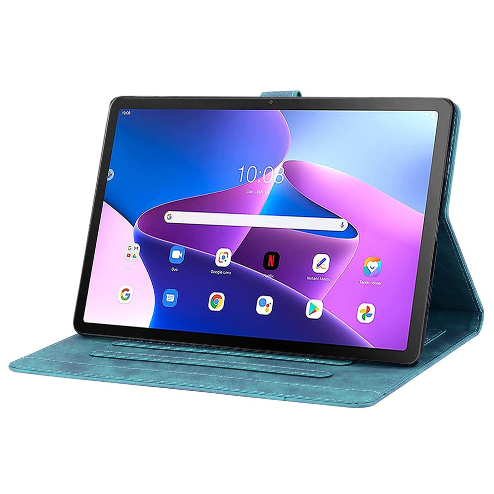 For Lenovo Tab M10 (Gen 3) TB-328XU / TB-328FU PU Leather Stand Tablet Case Imprinted Flower Cat Card Holder Cover - Green