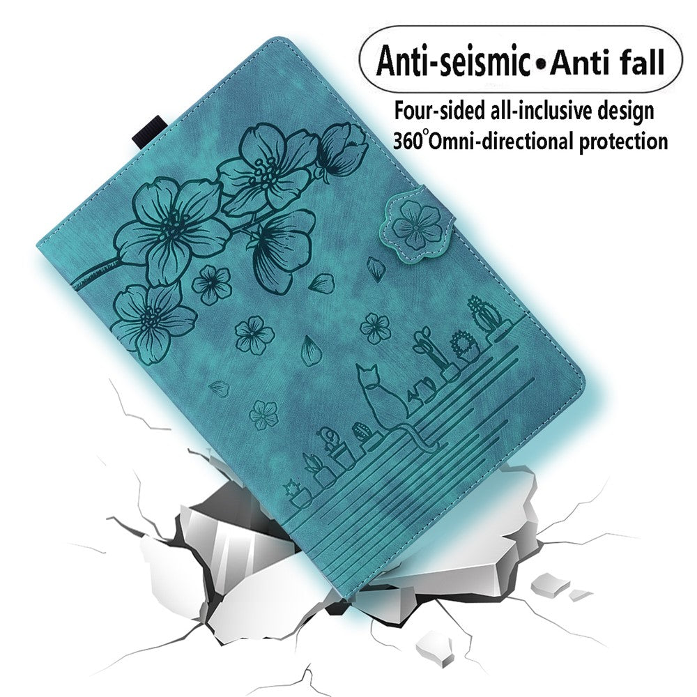 For Lenovo Tab M10 (Gen 3) TB-328XU / TB-328FU PU Leather Stand Tablet Case Imprinted Flower Cat Card Holder Cover - Green