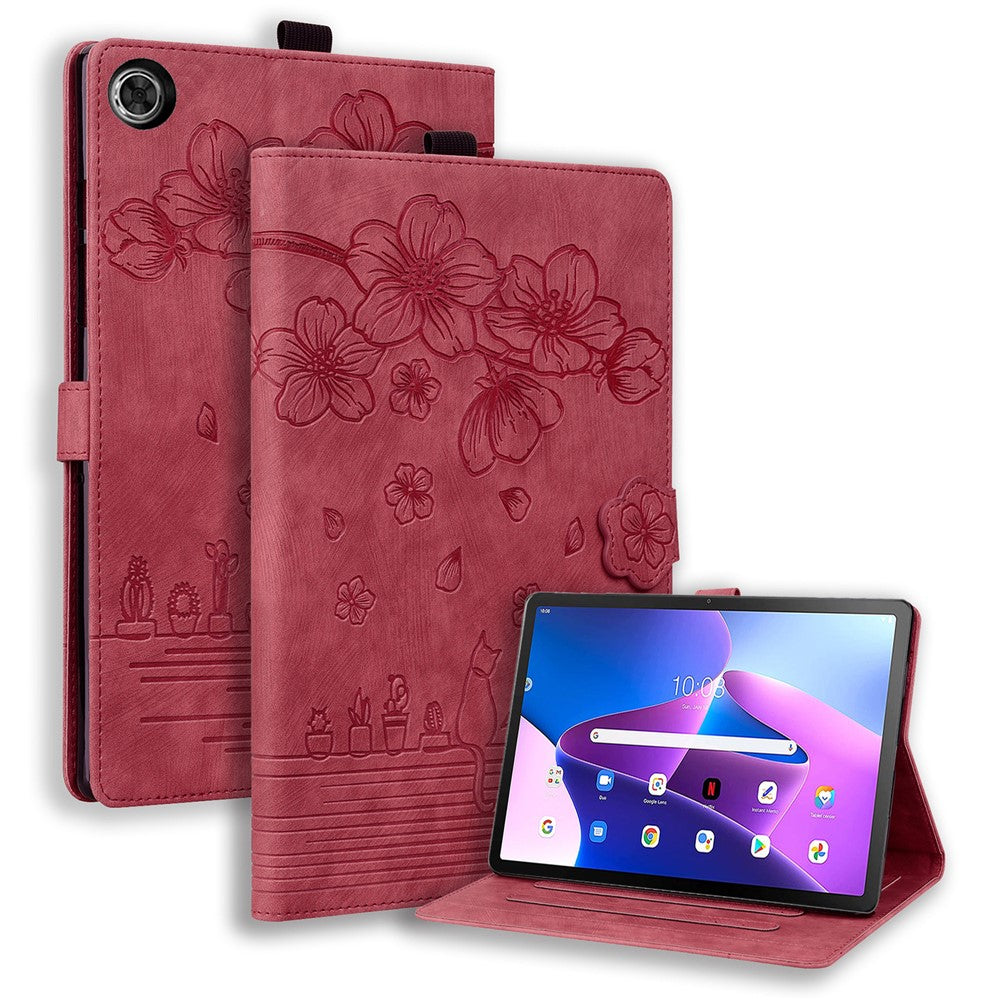 For Lenovo Tab M10 (Gen 3) TB-328XU / TB-328FU PU Leather Stand Tablet Case Imprinted Flower Cat Card Holder Cover - Wine Red
